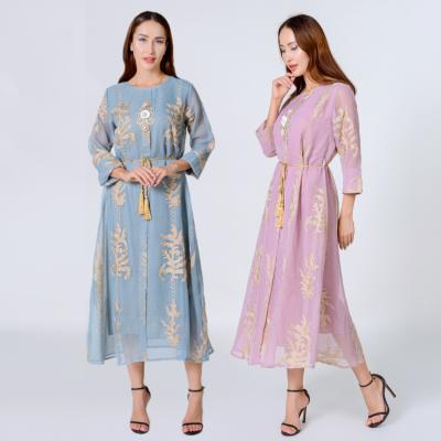 China Hot Selling Golden Embroidered Beaded Closed Abaya With Sash Fashionable Luxury Dress Muslim Islamic Clothing AB006 AB006 Dubai Turkey Midi for sale