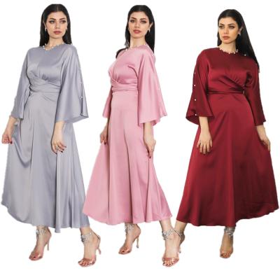 China Wholesale Islamic Fashion Dubai Dress Silky Satin Belt Closed Muslim Dress AB028 Long Dress Women Abayas Luxury Evening Dress AB028 for sale