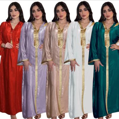 China Lace Up Luxury Gold Velvet Abaya Muslim Abaya Closed Islamic Clothing With Hood Dubai Turkey Maxi Long Sleeve Women Wholesale AB034 AB034 for sale