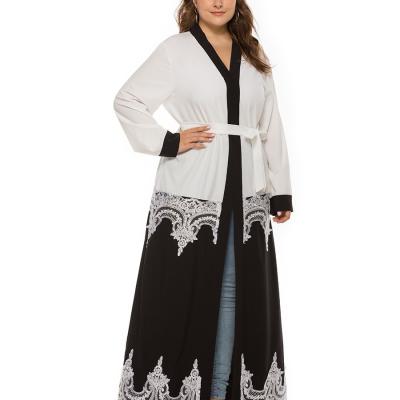 China Black White Patchwork Plus Size Open Abaya Dubai Kaftan Lace Long Robe Islamic Clothing With Belt Oversized Muslim Abaya Long 1808# 1808# Dress for sale