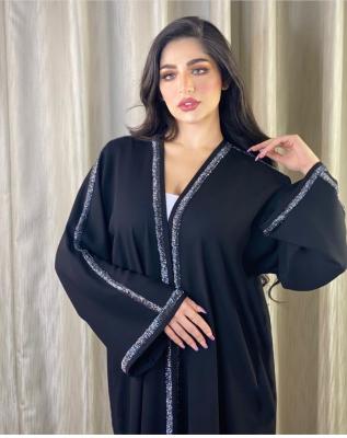 China Wholesale Muslim Abaya Abaya Dubai Turkey Clothing Arabic Islamic Black Simple Kaftan Open Long Dress Sequins Trim Long Luxury AB067 AB067 for sale