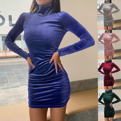 China Plain Breathable Cheap Velvet Short Casual Dresses Plus Size Stand Collar Long Sleeve Velvet Elegant Casual Dresses For Women for sale