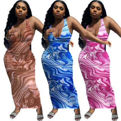 China 2022 Summer Bodycon Dress Tie Dye Breathable Ripple Print Low Cut Ribbed Sleeveless Maxi Casual Dress Ladies Sexy Breathable for sale