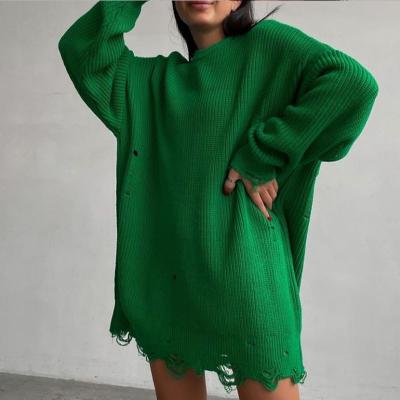 China Autumn Breathable Winter Oversized Breathable Sweater dresses long sleeve mid length sweater women dig out uneven edge dress winter 2021 knitted for sale