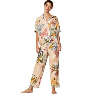 China High Quality QUICK DRY QUICK DRY Pajamas Women Casual Floral Butterfly Print Shorts Loose Tops And Pants 2pc Set Long Pajamas For Women for sale