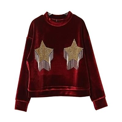 China Customized Breathable Sweatshirt Women Tassel Star Embroidery Velvet Breathable Sweater Tops Apparel Manufacturer for sale