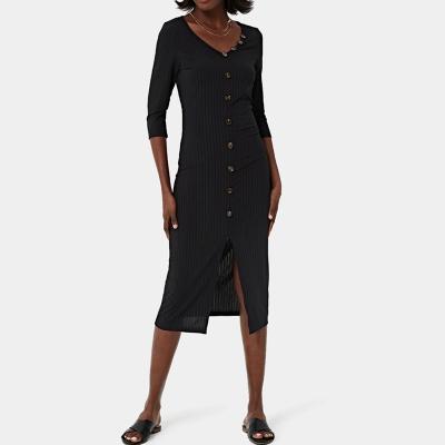 China Breathable Breathable Customization Knit Dresses Women V-Neck Front Button Ribbed Knit Midi Dress Clothing Manufacturer for sale