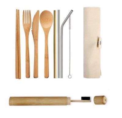 China Sustainable Bamboo Travel Knife Fork Spoon Reusable Straw Clean Brush Chopstick with Bag Cutlery Tableware Travel Carry Bamboo Set for sale