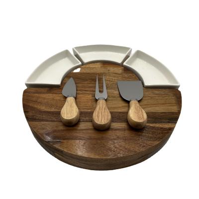 China Viable set of meat cheese cutting board and knife set for entertaining and serving with 3 Knies, ceramic bowl and slate cheese markers for sale