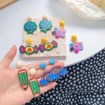 China 2021 Girly Office/Career Korean Color Retro Candy Flower Rainbow Stud Earrings Geometric Acrylic Dish Earrings for sale