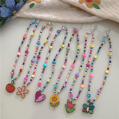 China BOHEMIA Flower Colorful Beaded Necklace Ins Girly Rainbow Flower For Kids Necklace for sale