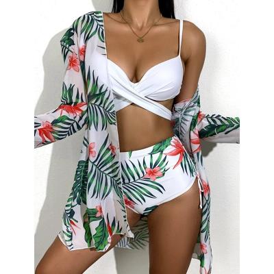 China Antibacterial Women 3 Pieces Set Swimwear High Waist Bikini Cross Swimsuit Cover Up Beach Wear Woman for sale