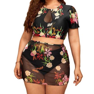 China Plus Size Plus Size Swimsuit Vintage Print Bikini 3 Piece Short Sleeve Swimwear Women Swimsuit Women Top for sale