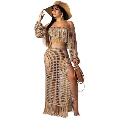 China Antibacterial Crochet Tassels Beachwear Women Beach Cover Up Beachsuit Two Piece Set See Through Mesh Beach Dress for sale