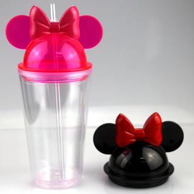 China 16oz Reusable Minnie Acrylic Plastic Tumbler Mickey Mouse Ear Drinking Water Bottle Custom Clear Wall Cute Disposable Double Cup With Lids for sale