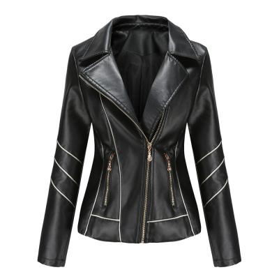 China Women Breathable Motorcycle Turn-down Collar PU Leather Jacket With Striped Decoration for sale