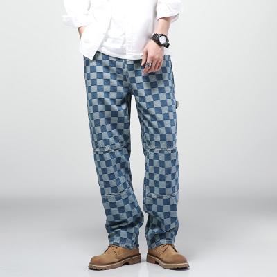 China 2021 new fashion QUICK DRY blue hip-hop small plaid jacquard 5XL plus size jogger men's jeans pants for sale