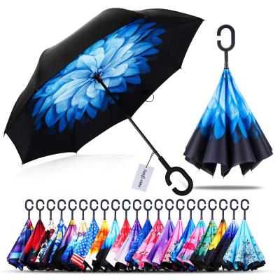 China Double Layer Custom Strong Windproof Reverse Car Use Inverted Umbrella With Hook Handle for sale