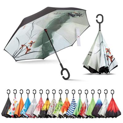 China New design minimalist creative reverse inverted umbrella with rubber c-shaped handle for sale