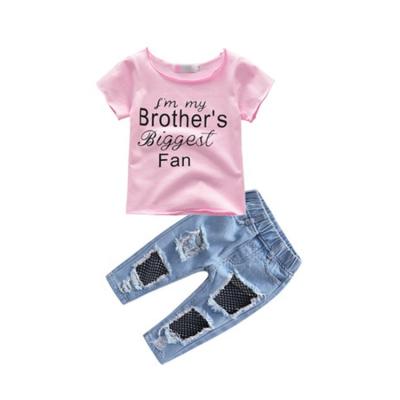 China Fashion casual summer cotton shorts sleeve digital printing T-shirt ripped jeans pants kids clothing sets baby clothes for sale