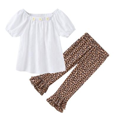 China Cute Casual Girls Blouse Leopard Print Flower Flared Pants Summer Shorts Sleeve Fashion 2pcs Kids Clothes Set for sale