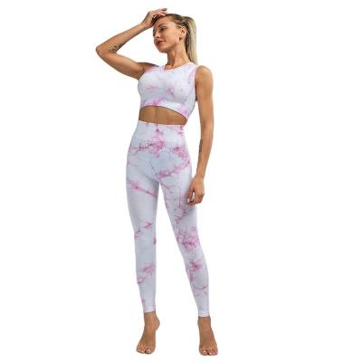 China Breathable Sports Bra Workout Clothes Suit 2021 New Design Tie-Dye Fitness Yoga Clothes High Waist Sports Yoga Hip-lifting Clothes for sale