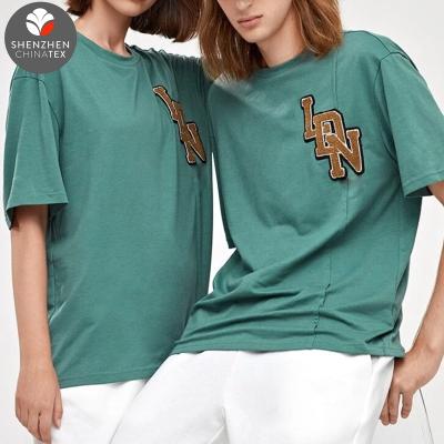 China Casual Eco Friendly Logo Drop Shoulder T-shirt Cotton T-shirt Loose Chenille Embroidered Patch Couple Unisex Wholesale Breathable Fit for sale