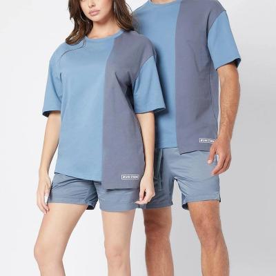 China Fashionable Irregular Blue and Faded Purple T-shirt and Woven Short Argentina Cotton Crewneck Sport Couples Casual Suit CTX2201023 for sale