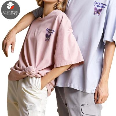 China Breathable Comfortable Soft Hand Feel 3D Butterfly Vivid Badge Youth Drop Shoulder Easy Fit Soft Valentine Short Sleeve Couple T-Shirt for sale