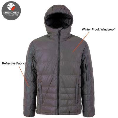 China Wholesale OEM Wind Proof Windproof Men Zipper Cloth Hooded Iridescent Reflective Anti-Shrink Stripper Color Heavy Jacket Winter Coat for sale