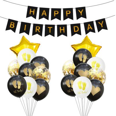 China Party Decoration Baby Shower Party Decoration Black Gold Happy Birthday Banner on Baby Footprint Heart Printed Latex Balloons Star Foil Balloons for sale