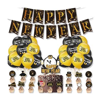 China Hot Sale 2022 Latex New Year Party Decoration Supplies Happy New Year Banner Black Gold Confetti Balloons Cake Topper for sale