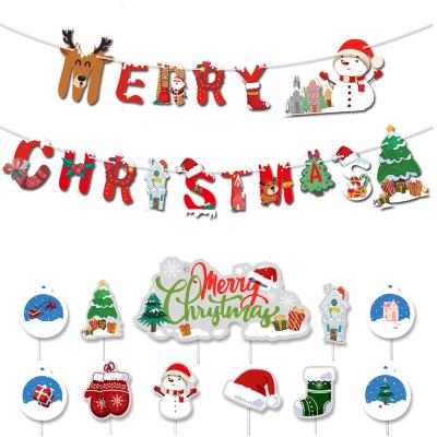 China Party Decoration Christmas Festive Decoration Supplies Set Merry Christmas Banner Santa Claus Elk Christmas Tree Cake Topper for sale