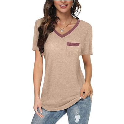 China Hot-selling Anti-Wrinkle Casual Multicolor V-Neckline Short Sleeve T-Shirts With Pocket For Women Logo Customize Embroidery Printing OEM Cotton CVC for sale