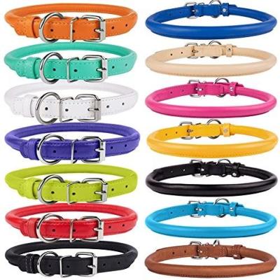 China Genuine Leather Handmade Dog Leather Leashes , Soft Padded Round Puppy Collar for sale