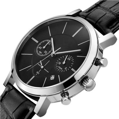 China Japan Day/Date Movement Luxury Three Eyes Band Stainless Steel Case Customization Quartz Watch Genuine Leather Water Resistant for sale