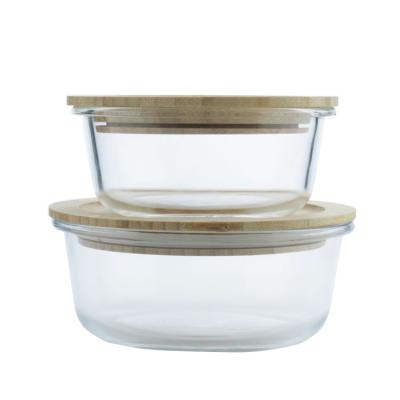 China Viable Heat Resistant Microwave Round Fruit Salad Clear Glass Bowl Container Glass Food Lunch Box With Bamboo Lid for sale