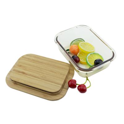 China Viable Fruit Salad Bowl Rectangle 510ml Amber Clear Glass Food Container Glass Lunch Box With Bamboo Lid for sale