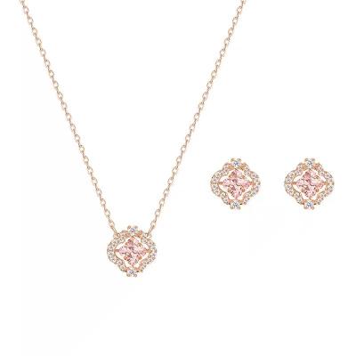 China Fashion Rose Gold Plated Cubic Zirconia Flower Necklace And Earrings Jewelry Set For Women for sale