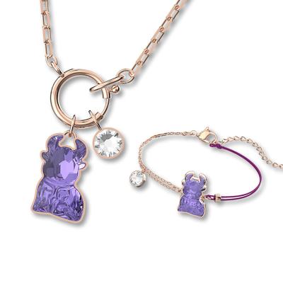 China Romantic Rose Gold Gemstone Jewelry Set Purple Crystal Calf Shape Pendant Bracelet Set for sale