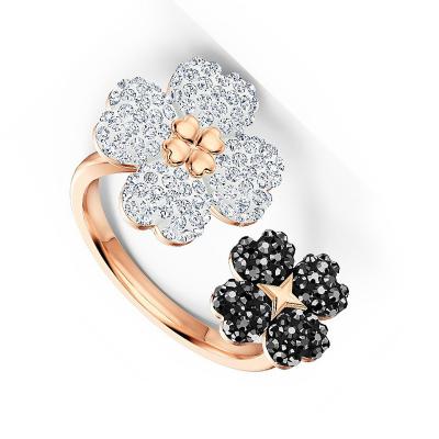 China Romantic Brazilian Rose Jewelry Gold Plated Black And White Four-petaled Zircon Flower Women's Double Fashion Rings for sale