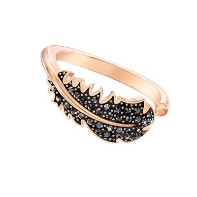 China Rose Gold Plated Black Cz Neo-Gothic Zircon Jewelry Copper Alloy Feather Open Ring for sale