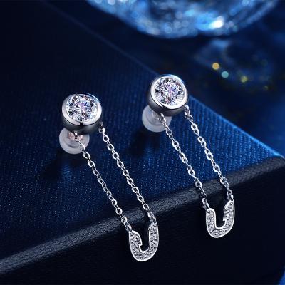 China Lancui Jewelry Manufacturer Fashionable Custom Round Brilliant Cut Bling Fine Clip Chain Stud 925 Silver Earrings For Women for sale