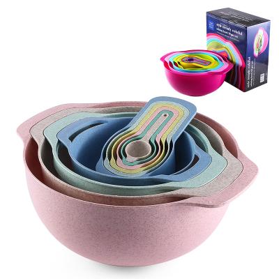 China 10 Pcs Sustainable Colorful Stackable Plastic Cooking Tool Mixing Bowl Measuring Cup And Spoon Sets for sale