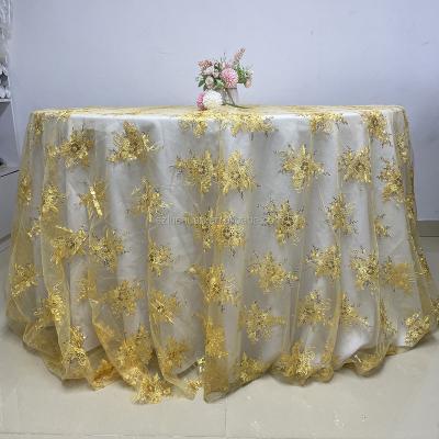 China Lace Luchuan Gold Hand Embroidery Designs Lace Tablecloth Party Wedding Tablecloth Customized Table Cover for sale