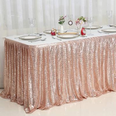 China Oilproof Party Wedding Table Skirt Rectangle Table Bordering Rose Gold Sequin Table Skirt Decorated for sale