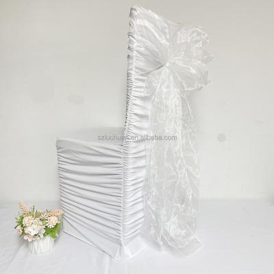 China Wholesale Romantic Pleated Spandex Chair Cover With Organza Back Banquet Ruched Spandex Chair Cover White for sale