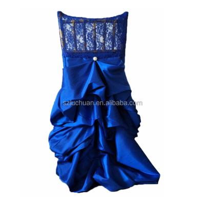 China Romantic Elegant Ruffled Chair Decoration Wedding Chair Cover Blue for sale