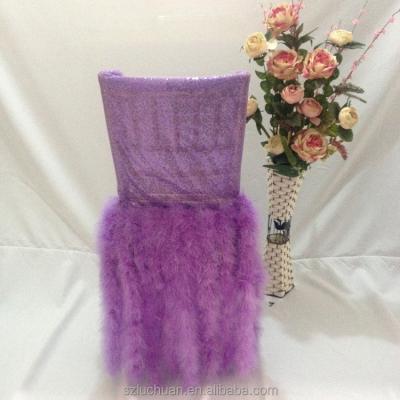 China New Romantic Purple Sequin Feather Chair Wedding Back Luxury Banquet Chair Cover Decoration Feather Banquet Chair Cover for sale