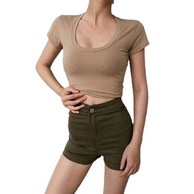 China Main 2023 women's breathable short T-shirt girl's neck solid color belly button thin suitable thin short sexy U-shaped show new for sale